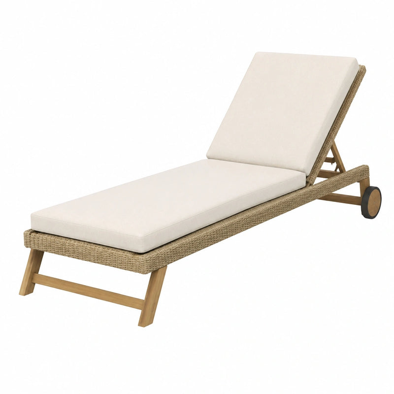 Transat de jardin 200 x 70 cm en bois et fibre tressée beige réglable à roulettes