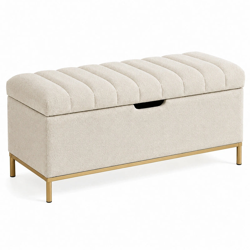 Banc coffre 100 cm en tissu bouclette beige avec piètement métal doré - rangement capitonné