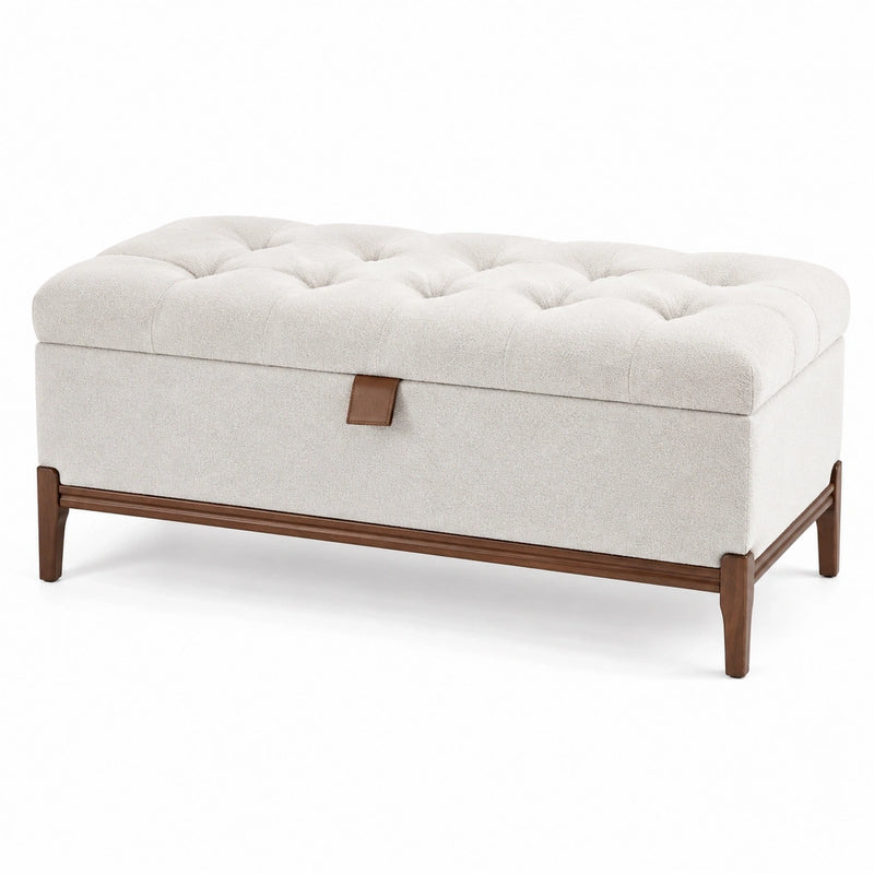 Banc coffre 120 x 45 x 50 cm tissu bouclé ivoire bois marron style contemporain
