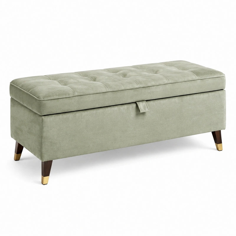 Banc coffre 120 cm en velours vert sauge avec rangement style contemporain