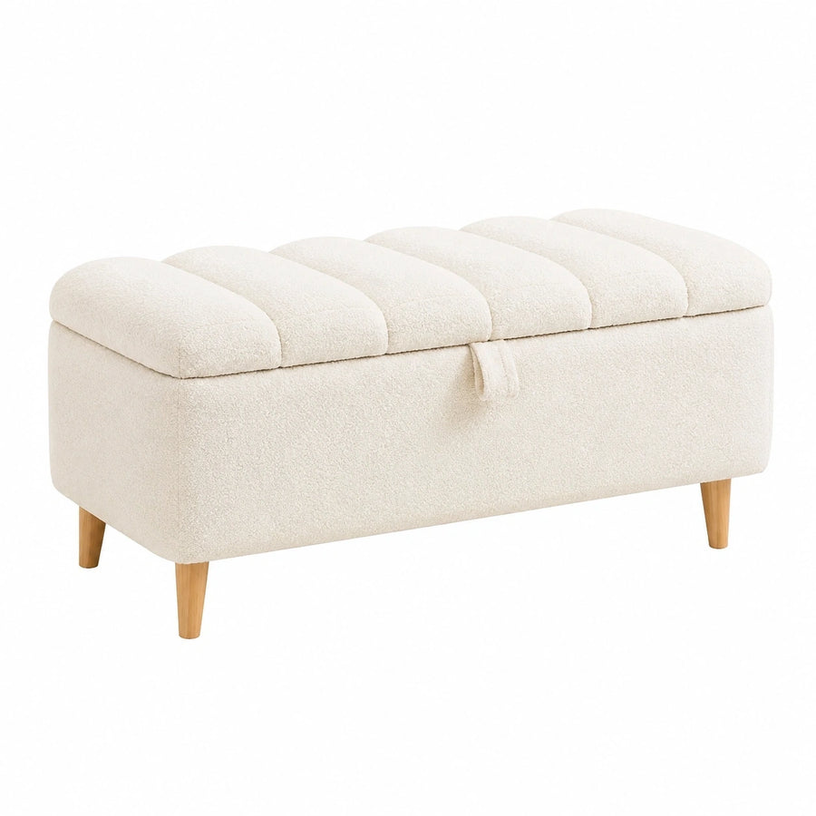 Banc coffre de rangement 120 cm tissu bouclette écru style contemporain