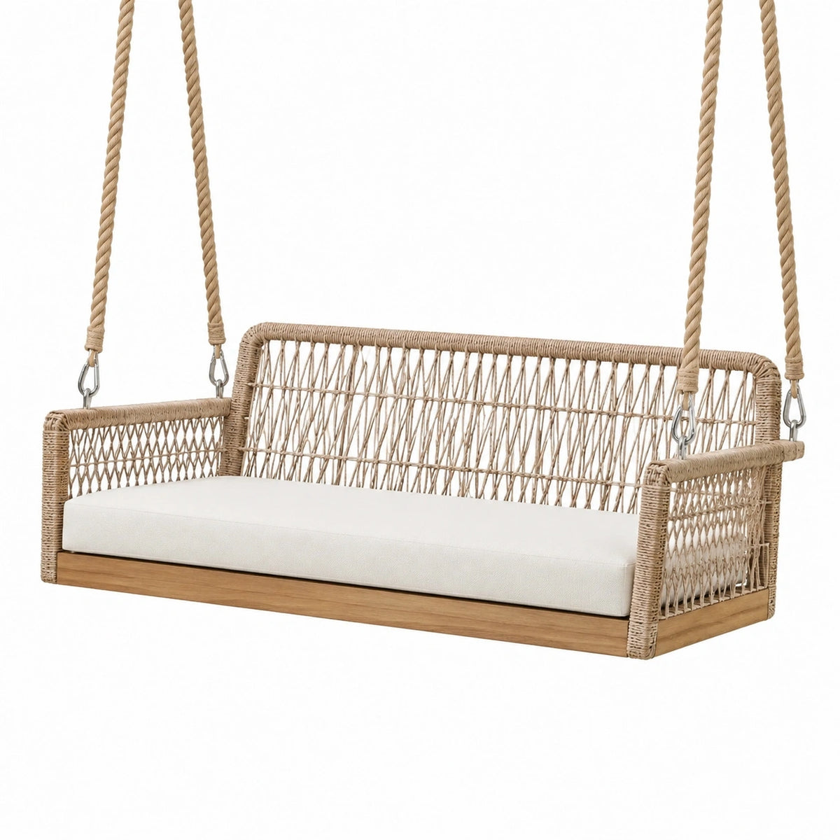 Balancelle suspendue 150 x 65 x 55 cm en bois et fibres tressées beige style bohème pour jardin