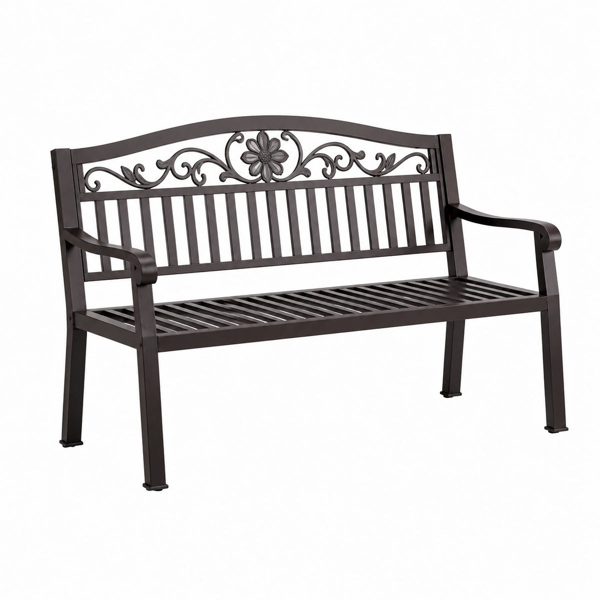 Banc de jardin 125 x 60 x 90 cm en métal marron avec dossier décoratif