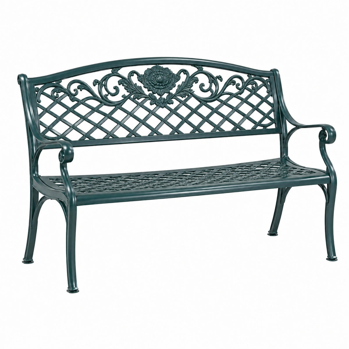 Banc de jardin 122 cm en métal vert foncé style classique à dossier ajouré
