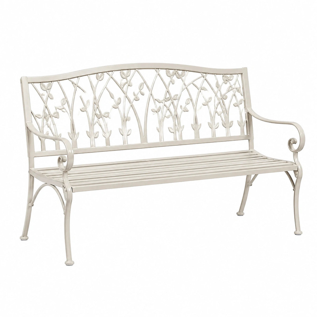 Banc de jardin 120 x 60 x 95 cm en métal blanc motif floral avec accoudoirs