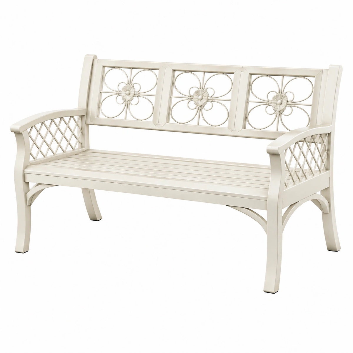Banc de jardin 150 x 65 x 95 cm en acier blanc style romantique à motif floral