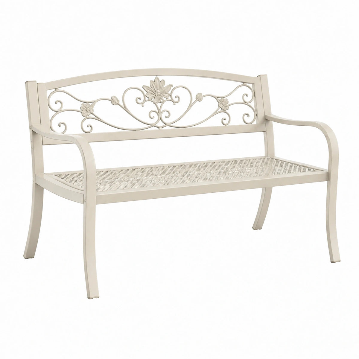 Banc de jardin 122 x 60 x 91 cm en métal blanc style romantique à dossier ajouré
