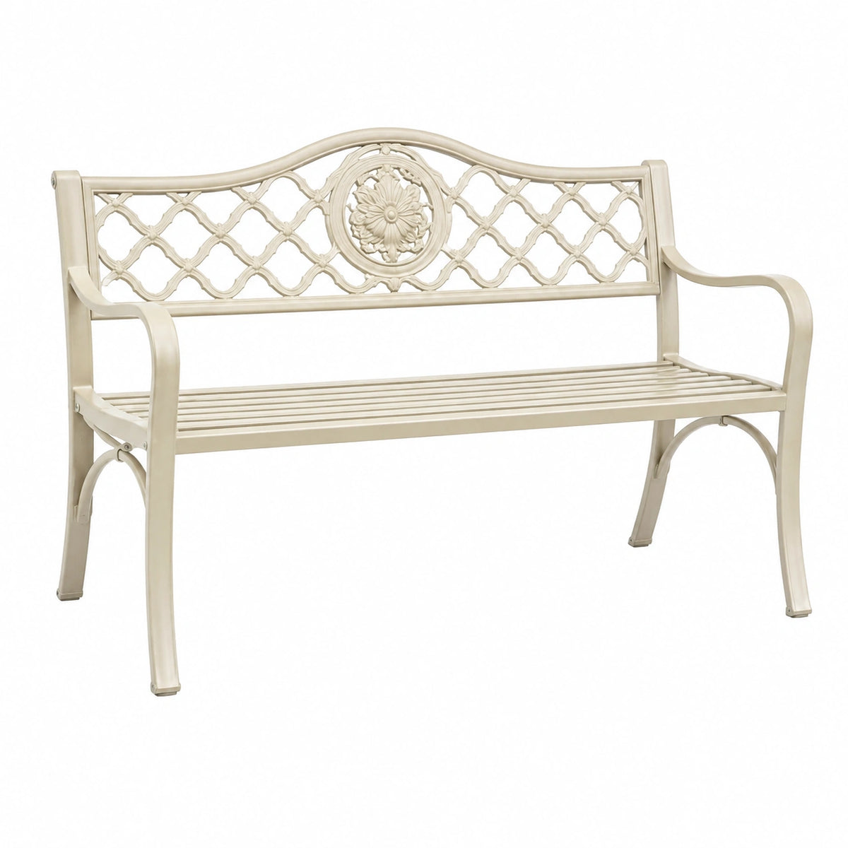 Banc de jardin 122 x 61 x 90 cm en métal blanc cassé avec accoudoirs style classique