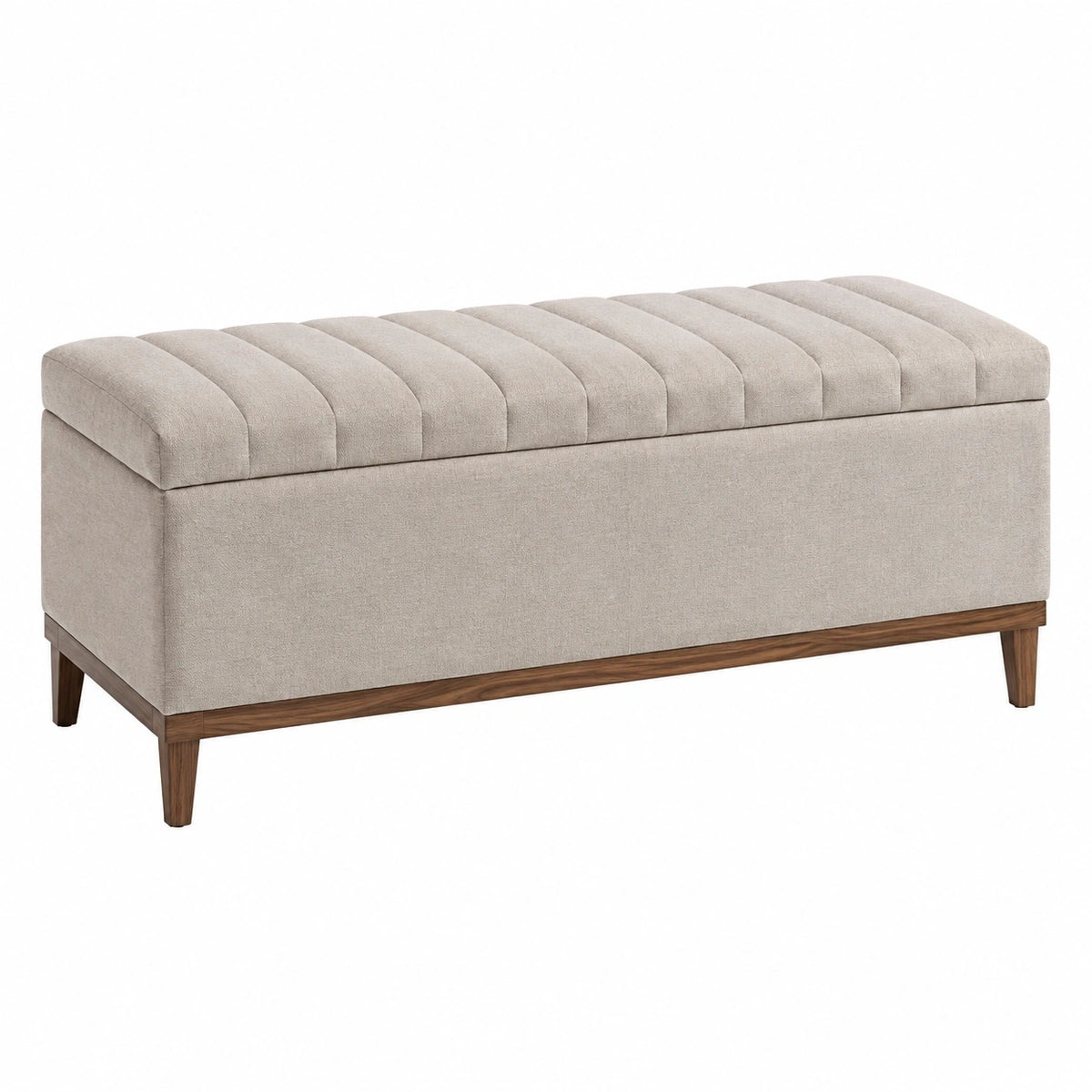 Banquette coffre de rangement 120 x 45 x 48 cm en tissu beige avec pieds en bois style contemporain