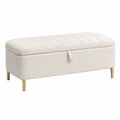 Banc coffre de rangement 120 x 45 x 50 cm en tissu beige avec pieds métalliques dorés capitonnés