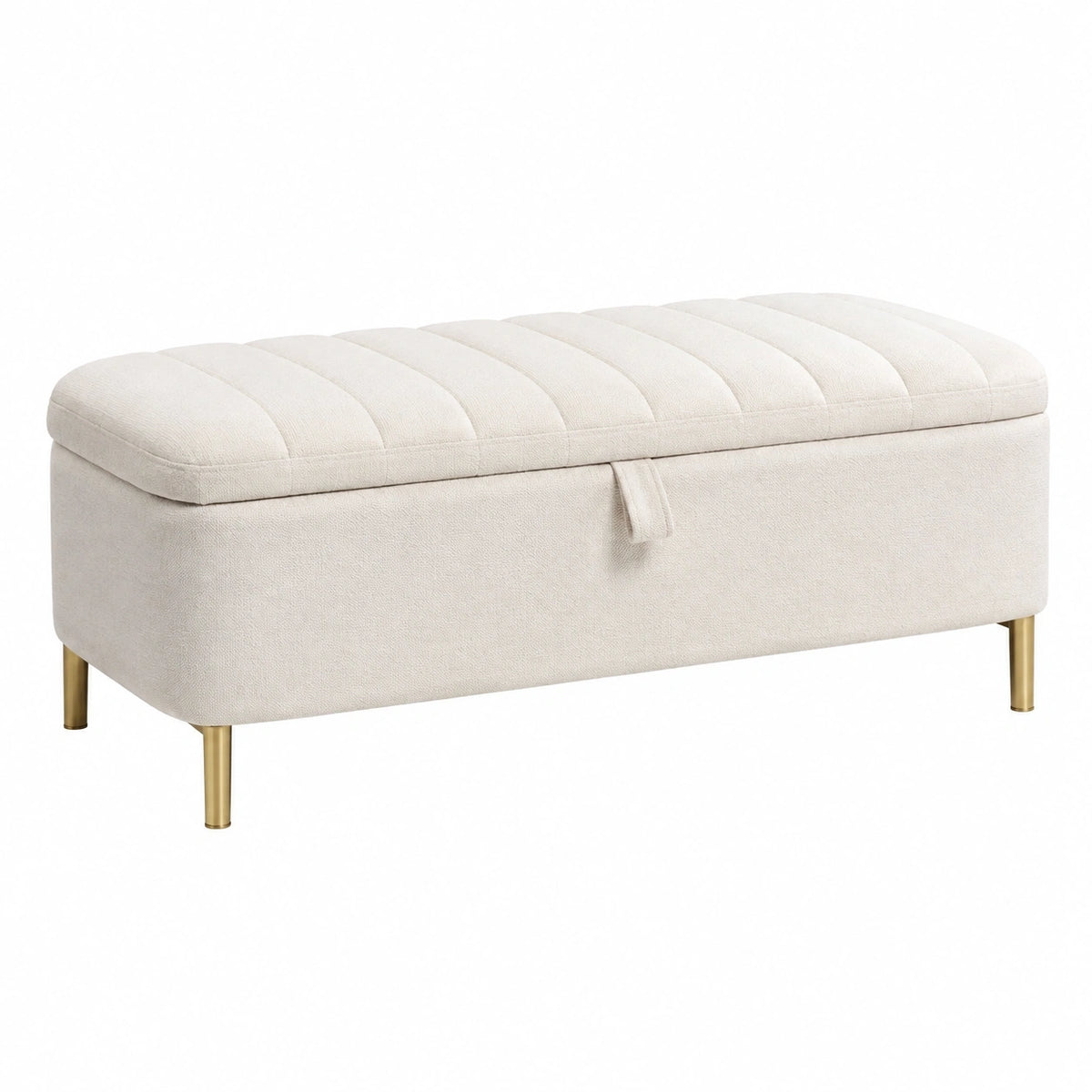 Banc coffre de rangement 120 x 45 x 50 cm en tissu beige avec pieds métalliques dorés capitonnés