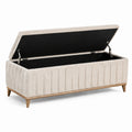 Banc coffre de rangement 120 x 45 x 48 cm en tissu bouclette beige avec pieds en bois