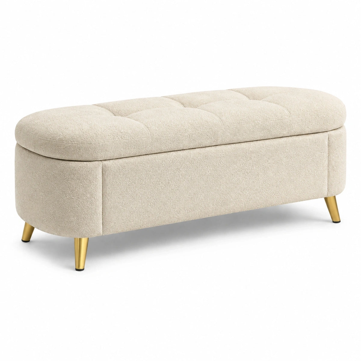 Banc de rangement 120 cm en tissu bouclette beige avec pieds métal dorés